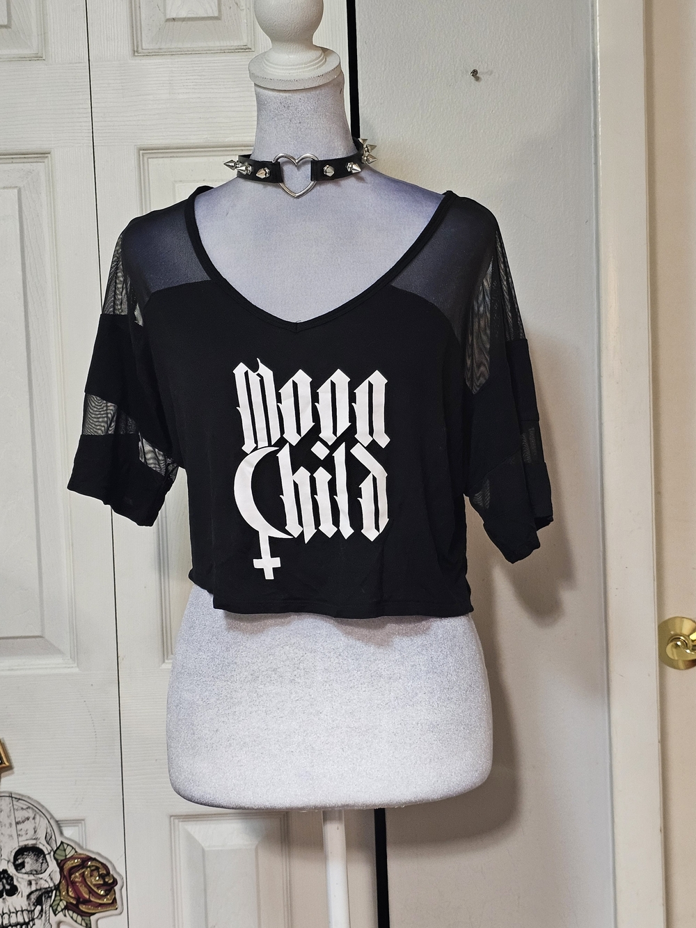 Moon Child Black Mesh-Accent Crop Top